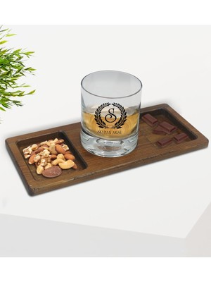 Kişiye Özel Çelenk Baş Harfli Isimli Viski Bardağı ve Doğal Masif Ahşap Dikdörtgen Sunum Tabağı Çerezlik Hediye Seti-6