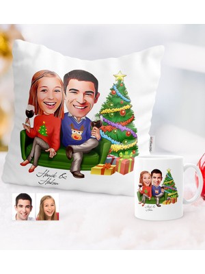 Kişiye Özel Yılbaşı Temalı Sevgililer Karikatürlü Yastık Kupa Seti - 4