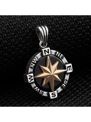 Takıhan Pusula Tasarımlı Siyah Oniks Taşlı 925 Ayar Gümüş Kolye Ucu