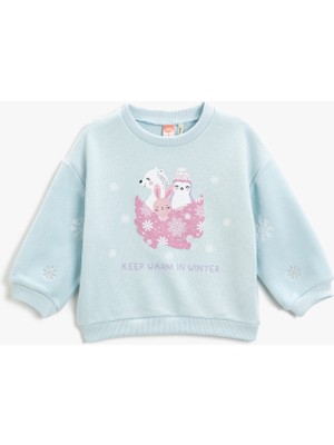 Koton Kız Bebek Baskılı Sweatshirt Bisiklet Yaka Pamuklu