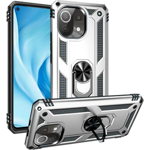 Case 4U Xiaomi Mi 11 Lite Kılıf Çift Katmanlı Yüzüklü Manyetik Vega Kapak Gümüş