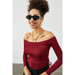 Bordo Yanı Büzgü Detaylı Kayık Yaka Kaşkorse Bluz 2KXK2-45816-05