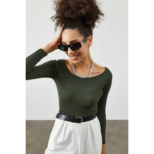 Haki Kayık Yaka Crop Kaşkorse Bluz 2KXK2-45817-09