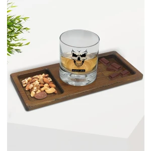 Kişiye Özel Erkek Kurukafa Tasarımlı Viski Bardağı ve Doğal Masif Ahşap Dikdörtgen Sunum Tabağı Çerezlik Hediye Seti-1
