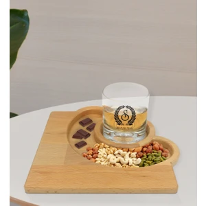 Kişiye Özel Çelenk Baş Harfli Isimli Viski Bardağı ve Doğal Masif Ahşap Yarım Ay Sunum Tabağı Çerezlik Hediye Seti-6