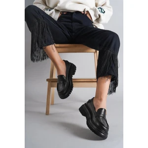 Hakiki Deri Siyah Kadın Günlük Kalın Taban Deri Loafer Ayakkabı Trc-216675