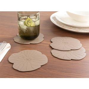 English Home Flowery Suni Deri 4'lü Bardak Altlığı 11 cm Vizon