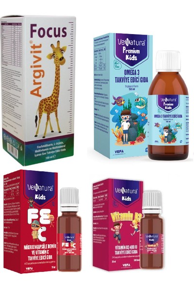 HEKİM 4'lü Çocuk Set Argivit Focus Şurup 150 Ml+Omega 3 150 Ml+Demir ve Vitamin C 20 Ml+Kids D3 20ML
