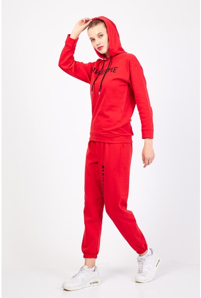Moda Kargül Kadın Kapüşonlu Baskılı Uzun Kollu Eşofman Takımı -Kırmızı
