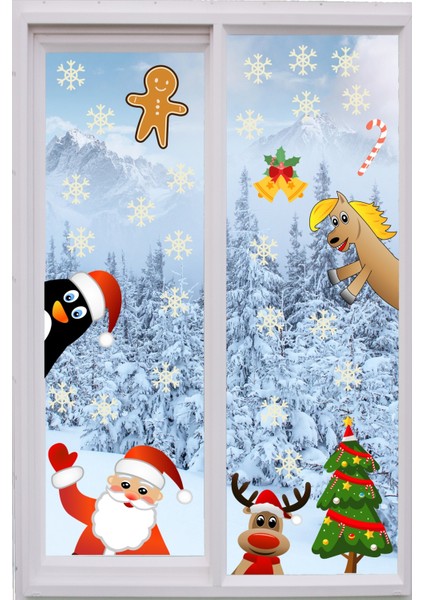 Noel Baba ve Geyik ve Kartanesi Pencere Duvar Stickerleri