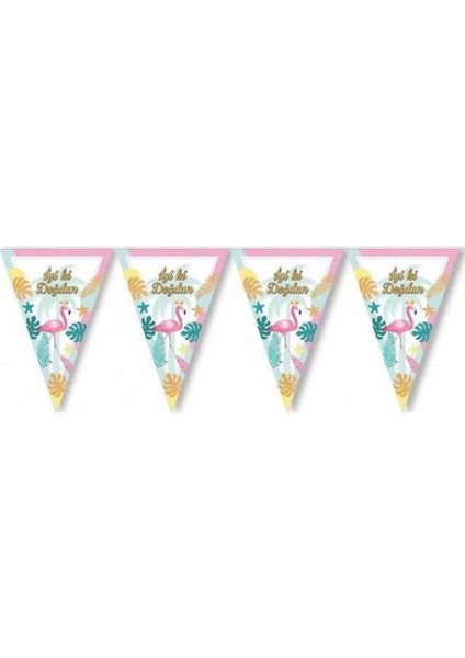 Flamingo Temalı Iyiki Doğdun Yazılı Flama 2 Metre / 10 Bayrak