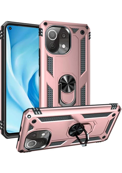 Case 4U Xiaomi Mi 11 Lite Kılıf Çift Katmanlı Yüzüklü Manyetik Vega Kapak Rose Gold