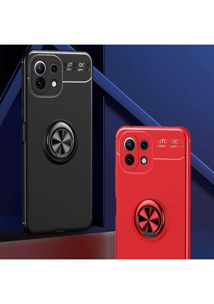 Xiaomi Mi 11 Lite Kılıf Kamera Korumalı Autofocus Shockprof Ravel Yüzüklü Standlı Slikon Kapak Kırmızı