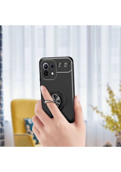 Xiaomi Mi 11 Lite Kılıf Kamera Korumalı Autofocus Shockprof Ravel Yüzüklü Standlı Slikon Kapak Siyah - Mavi