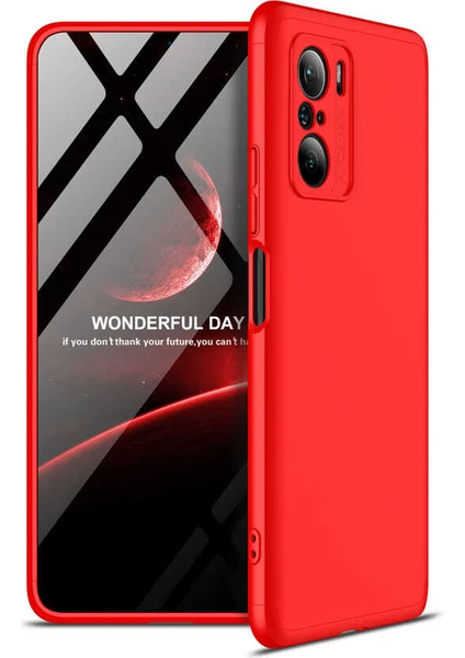 Case 4U Xiaomi Redmi K40 Kılıf 3 Parçalı Tam Koruma Sert Mika Ays Kapak Kırmızı