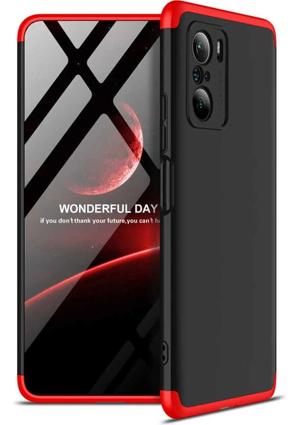 Case 4U Xiaomi Redmi K40 Kılıf 3 Parçalı Tam Koruma Sert Mika Ays Kapak Siyah Kırmızı