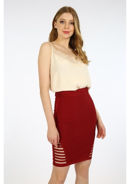 Simetrik Yan Yırtmaç Detaylı Bordo Etek fiyatları