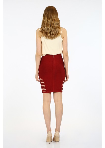 Simetrik Yan Yırtmaç Detaylı Bordo Etek fırsatları