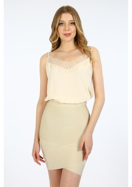 Taş Işlemeli Saran Form Mini Bej Etek fiyatları