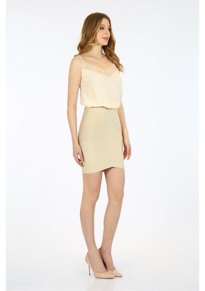 Taş Işlemeli Saran Form Mini Bej Etek modelleri