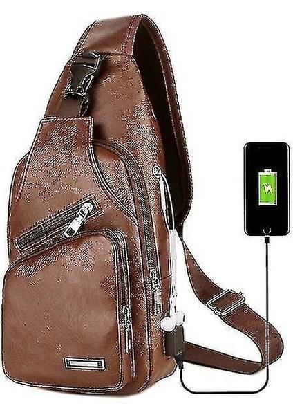 Göğüs Çantası Açık USB Şarj Portu Çanta (Kahverengi L) (Yurt Dışından)