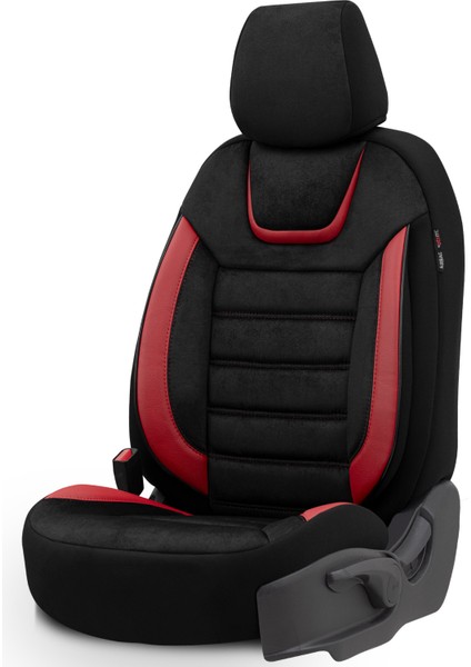 Iconic Design Airbag Dikişli Ekstra Destekli Oto Koltuk Kılıfı Özel Süet Kumaş Siyah - Kırmızı