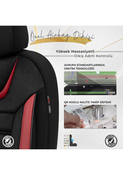 Iconic Design Airbag Dikişli Ekstra Destekli Oto Koltuk Kılıfı Özel Süet Kumaş Siyah - Kırmızı modelleri