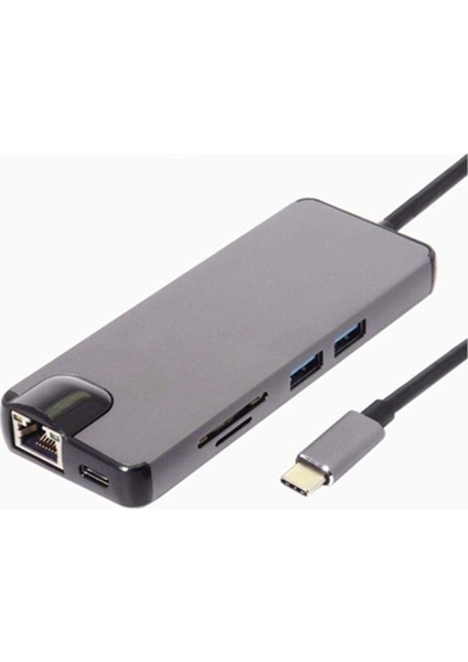 FC09 Type-C To Hdmı RJ45 Type-C Sd Kart USB 3.0 x 2 VGA Macbook Uyumlu 8ın1 Çevirici Adaptör