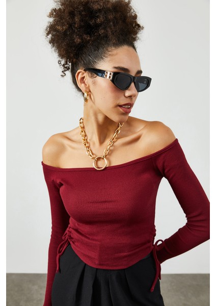 Bordo Yanı Büzgü Detaylı Kayık Yaka Kaşkorse Bluz 2KXK2-45816-05 modelleri