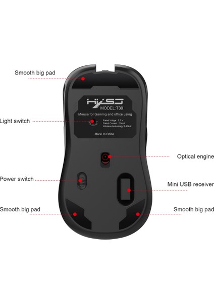 T30 2.4 Ghz USB Şarj Edilebilir Kablosuz Oyun Mousesi (Yurt Dışından)