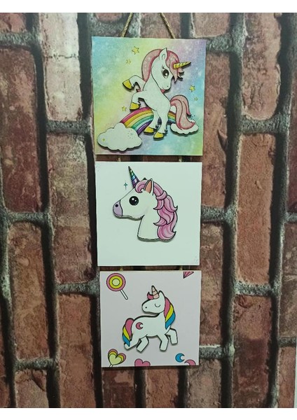Bebek Unicorn Kabartmalı Baskılı 3'lü Tablo