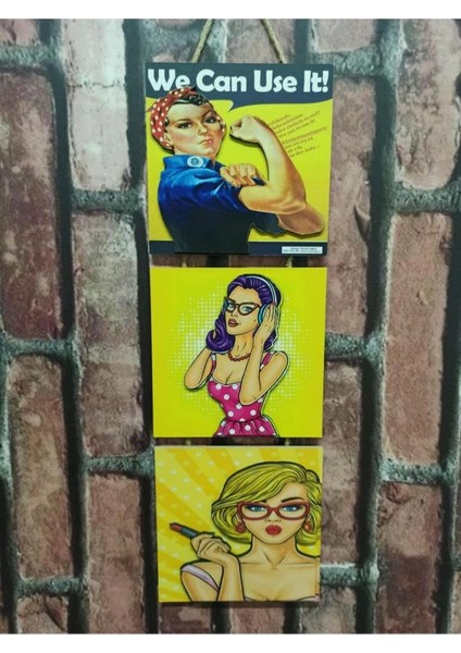 Retro Time Kadın Kabartmalı Baskı 3'lü Tablo Woman