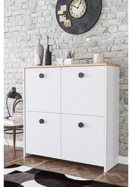 4 Kapaklı 4 Raflı Modern Dekoratif Dolap- Beyaz Meşe