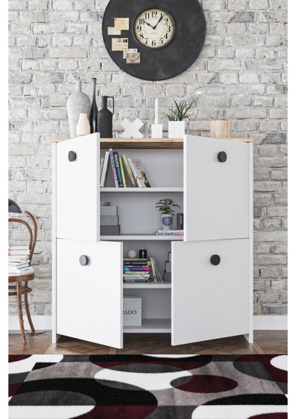 4 Kapaklı 4 Raflı Modern Dekoratif Dolap- Beyaz Meşe