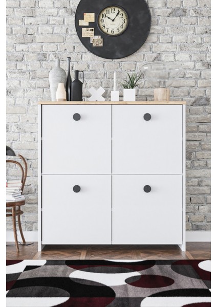 4 Kapaklı 4 Raflı Modern Dekoratif Dolap- Beyaz Meşe