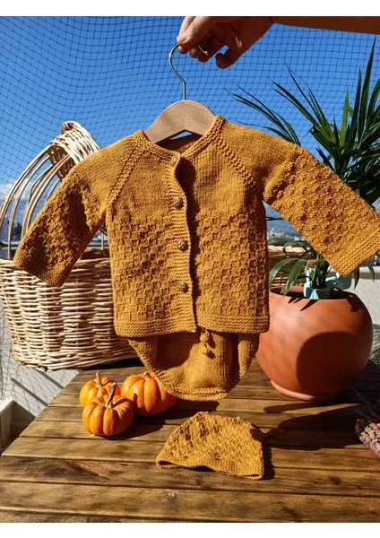 Handmade El Örgüsü Bebek Hırka, Tulum ve Bere- Pamuk Yeni Doğan Hastane Eve Dönüş Seti