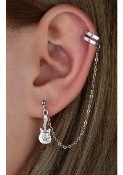 Üstten Deliksiz Zincirli Top Gitar Küpe