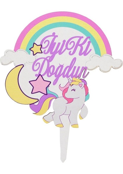 Unicorn Ahşap Pasta Süsü 14 cm