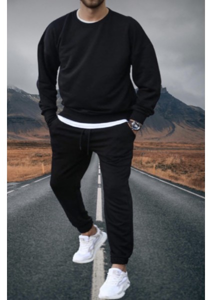 Yuvarlak Yaka 4 Iplik Çok Kalın Pamuk Dokuma Oversize Yeni Kreasyon Erkek Outdoor Eşofman Takımı