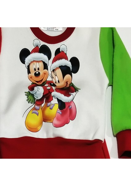 Mini Miki Fare Noelbaba Baskılı Polar Unisex Kız-Erkek Çocuk Eşofman Takımı. 3'lü Set. 1-8 Yaş.