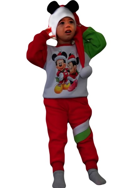 Mini Miki Fare Noelbaba Baskılı Polar Unisex Kız-Erkek Çocuk Eşofman Takımı. 3'lü Set. 1-8 Yaş.