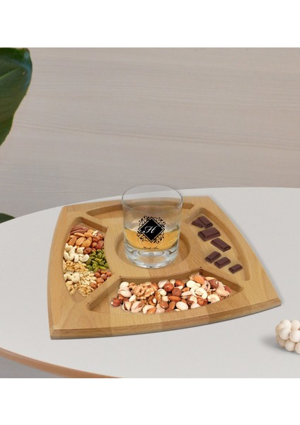 Kişiye Özel Baş Harfli Isimli Viski Bardağı ve Doğal Masif Ahşap 4 Bölmeli Sunum Tabağı Çerezlik Hediye Seti-10