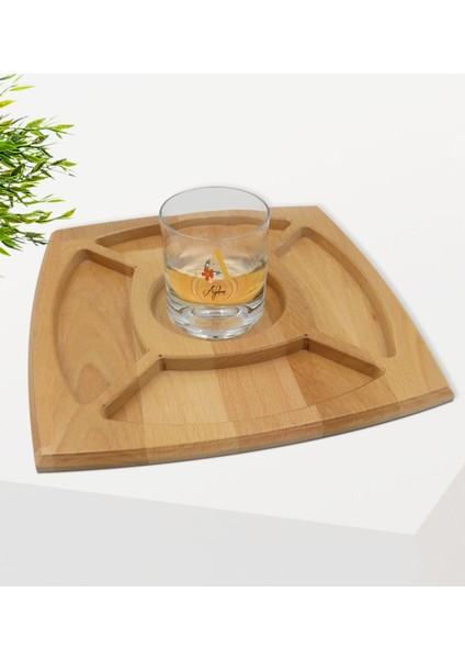 Kişiye Özel Harf ve Isimli Viski Bardağı ve Doğal Masif Ahşap 4 Bölmeli Sunum Tabağı Çerezlik Hediye Seti-1 fiyatları