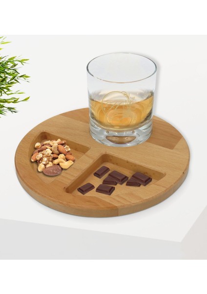 Kişiye Özel Baş Harfli Isimli Viski Bardağı ve Doğal Masif Ahşap Yuvarlak Sunum Tabağı Çerezlik Hediye Seti-8