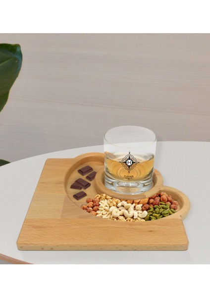 Kişiye Özel Isimli Viski Bardağı ve Doğal Masif Ahşap Yarım Ay Sunum Tabağı Çerezlik Hediye Seti-26
