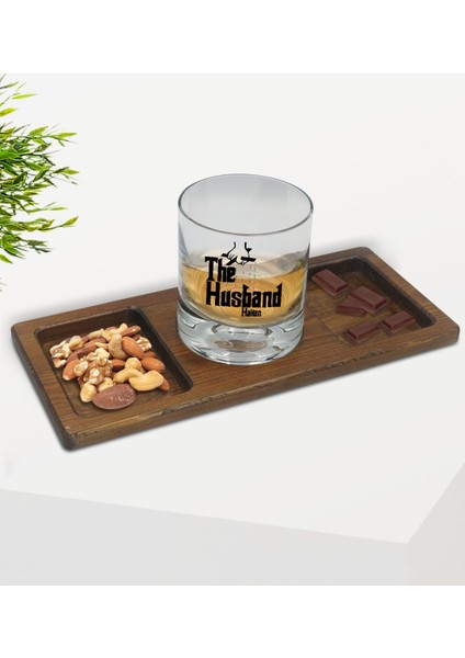 Kişiye Özel The Husband Tasarımlı Viski Bardağı ve Doğal Masif Ahşap Dikdörtgen Sunum Tabağı Çerezlik Hediye Seti-1