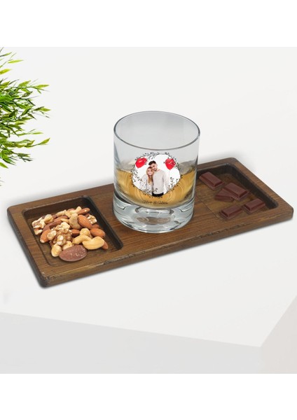 Kişiye Özel Isimli Fotoğraflı Viski Bardağı ve Doğal Masif Ahşap Dikdörtgen Sunum Tabağı Çerezlik Hediye Seti-26
