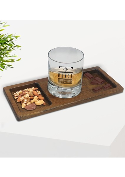 Kişiye Özel Isimli Viski Bardağı ve Doğal Masif Ahşap Dikdörtgen Sunum Tabağı Çerezlik Hediye Seti-21