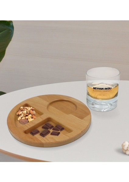 Kişiye Özel Alcohol Company Tasarımlı Viski Bardağı ve Doğal Masif Ahşap Yuvarlak Sunum Tabağı Çerezlik Hediye Seti fiyatları