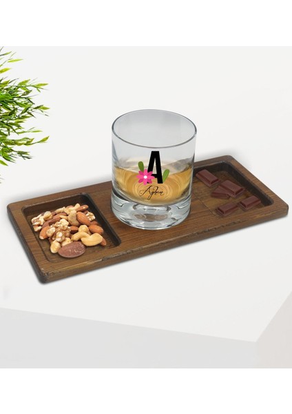 Kişiye Özel Harf ve Isim Tasarımlı Viski Bardağı ve Doğal Masif Ahşap Dikdörtgen Sunum Tabağı Çerezlik Hediye Seti-4